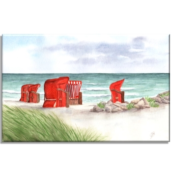 Stretcher frame canvas 40 x 30 cm Watercolor art maritime print art print beach chairs red by the sea Baltic Sea sea beach dunes